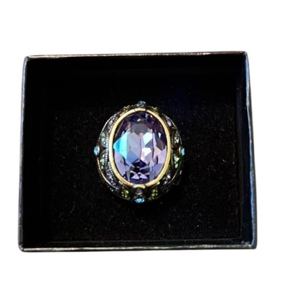Beautiful Ornate Sparkly Ring Large Purple Center Stone Smaller Blue Stones Euc